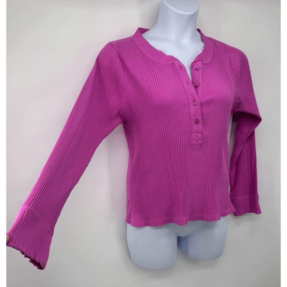 Aerie Road Trip Ribbed Stretchy Long Sleeve Henley T-Shirt Top Fuchsia Size XL